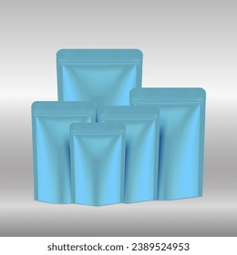 Foil sachet mockup, plastic pouch blank with Ziplock Front view on gray background. Shiny blue package for template your design, promo, ad. tea, sugar, candy, biscuit. Vector illustration EPS10.