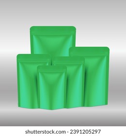 Foil sachet mockup, plastic pouch blank with Ziplock Front view on gray background. Shiny green package for template your design, promo, ad. tea, sugar, candy, biscuit. Vector illustration EPS10.