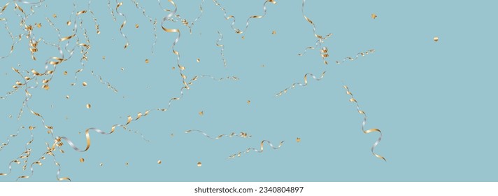 Foil Spiral Flying Vector Panoramic Blue Background. Anniversary Ribbon Poster. Serpentine Carnival Invitation. Silver Christmas Template.