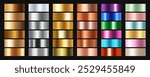 Foil texture gradient. Set of gold, silver, copper and multicolored gradation samples. Shiny metallic ribbons, borders or frames. Realistic vector illustration collection isolated on black background