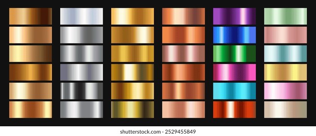 Foil texture gradient. Set of gold, silver, copper and multicolored gradation samples. Shiny metallic ribbons, borders or frames. Realistic vector illustration collection isolated on black background