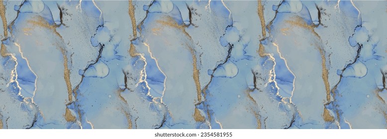 Foil Vector Ink Marble. Blue Seamless Background. Light Seamless Repeat. Gold Marble Watercolor. Blue Ink Paint. Golden Alcohol Ink Marble. Luxury Seamless Template. Bronze Water Color Background.