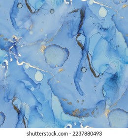 Foil Vector Ink Marble. Gold Art Paint. Blue Seamless Watercolor. Blue Marble Background. Light Elegant Background. Shiny Watercolor Pattern. White Alcohol Ink Canvas. Luxury Seamless Ink Painting