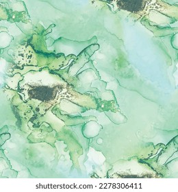 Foil Water Color Marble. Green Seamless Background. Gold Ink Paint. Luxury Abstract Painting. Blue Marble Watercolor. Golden Alcohol Ink Canvas. Bronze Water Color Background. Vector Seamless Repeat.