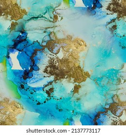 Foil Water Color Marble. Luxury Vector Ink Marble. Vector Seamless Template. Gold Ink Paint. Foil Alcohol Ink Background. Light Seamless Pattern. Gold Abstract Background. Blue Foil Marble Watercolor