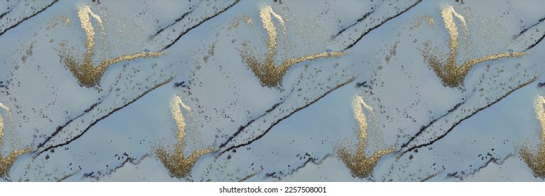 Foil Watercolor Marble. Vector Elegant Watercolor. Blue Art Paint. Shiny Vector Ink Repeat. Golden Alcohol Ink Canvas. Blue Seamless Background. Gold Marble Watercolor. Luxury Abstract Ink Template