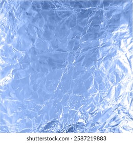 Foil wrinkled texture. Vector realistic aluminum blue paper sheet. Crumpled metallic surface background. Glitter silver wrapped package pattern. Glister tinfoil surface backdrop