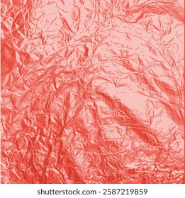 Foil wrinkled vector texture. Realistic aluminum red paper sheet. Crumpled metallic surface background. Glitter plastic film wrapped package pattern. Glister reflective tinfoil surface backdrop