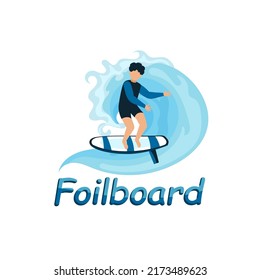 Foilboard logo, symbol template. Young man surfing efoil board. Trendy extreme watersport. New outdoor activity. Editable vector illustration isolated on a white background