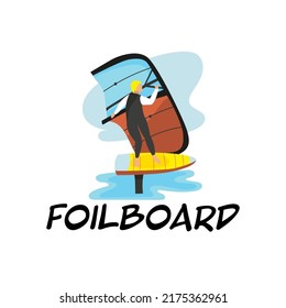 Foilboard logo, symbol template. Young man surfing efoil board. Trendy extreme watersport. New outdoor activity. Editable vector illustration isolated on a white background