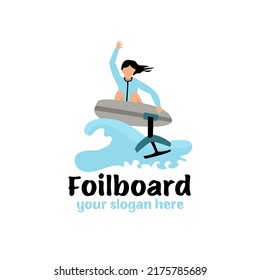 Foilboard logo, symbol template. Young woman surfing efoil board. Trendy extreme watersport. New outdoor activity. Editable vector illustration isolated on a white background