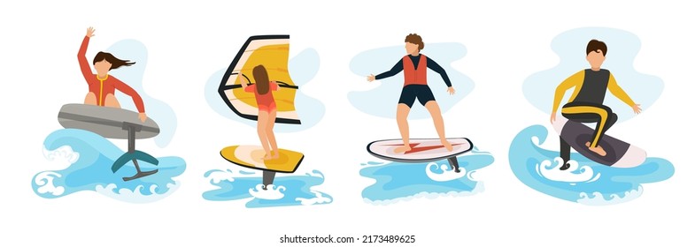 Foilboard rider set. Young people surfing efoil boards. Trendy extreme watersport. New outdoor activity. Editable vector illustration isolated on a white background