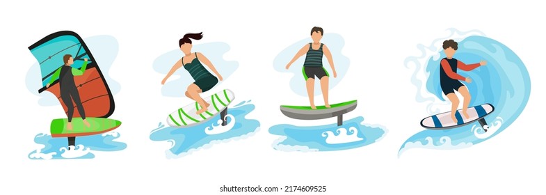 Foilboard rider set. Young people surfing efoil boards. Trendy extreme watersport. New outdoor activity. Editable vector illustration isolated on a white background