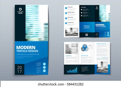 Business tri fold brochure design. Blue corporate business template for tri fold flyer. Layout with modern square photo and abstract background. Creative concept folded flyer or brochure.
