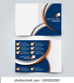 Fold brochure template. Flyer background design. Magazine or book cover, business report, advertisement pamphlet. Blue and orange color. Vector illustration.