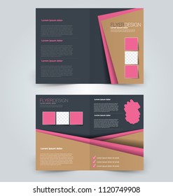 Fold brochure template. Flyer background design. Magazine or book cover, business report, advertisement pamphlet. Pink and brown color. Vector illustration.