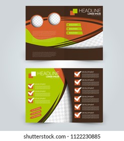 Fold brochure template. Flyer background design. Magazine or book cover, business report, advertisement pamphlet. Green, orange, and brown color. Vector illustration.