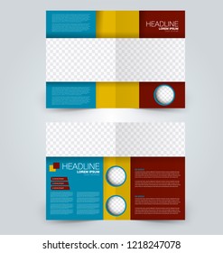 Fold brochure template. Flyer background design. Magazine or book cover, business report, advertisement pamphlet. Blue, yellow, and red color. Vector illustration.