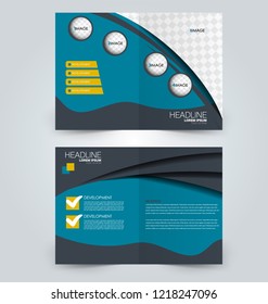 Fold brochure template. Flyer background design. Magazine or book cover, business report, advertisement pamphlet. Blue and yellow color. Vector illustration.