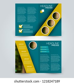 Fold brochure template. Flyer background design. Magazine or book cover, business report, advertisement pamphlet. Blue and yellow color. Vector illustration.