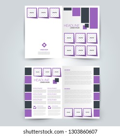 Fold brochure template. Flyer background design. Magazine or book cover, business report, advertisement pamphlet. Purple color. Vector illustration.