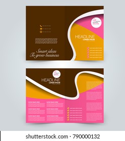 Fold brochure template. Flyer background design. Magazine cover, business report, advertisement pamphlet. Brown, pink, and orange color.