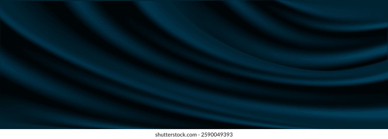 Fold of fabric abstract background. Blue horizontal banner with rippled satin texture. Dark blue banner vector design. Suit for horizontal banner, backdrop, poster, brochure, product promotion, etc