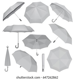 Fold or open umbrella mockup set. Realistic illustration of 10 umbrella vector mockup set for any web