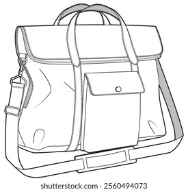 Fold over briefcase flat sketch vector illustration technical cad drawing template