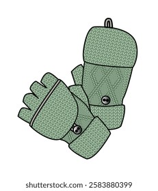 Fold over knitted gloves flat sketch vector mockup template technical illustration.