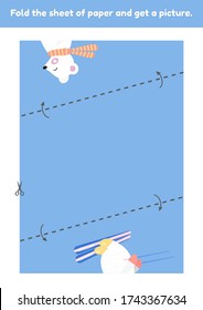 Doble la hoja de papel y obtenga una foto de un oso blanco lindo en el esquí. Juego de educación para niños. Hoja de trabajo para jardines de infancia y edad preescolar. Desarrollo de buenas habilidades motoras. Ilustración vectorial.