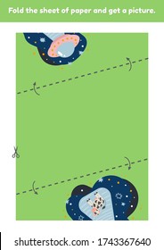 Fold the sheet of paper and get a picture flying saucer abduction cow. Education game for kids. Worksheet for kindergarden and preschool age. Development fine motor skills. Vector illustration.