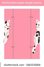 Fold the sheet of paper and get a picture cute cartoon funny cat. Education game for kids. Worksheet for kindergarden and preschool age. Development fine motor skills.