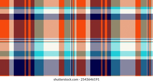 Tartan de textura de vetor de dobra, padrão de fundo editável sem emenda. Tecido têxtil de verificação intensa revestido com paleta de cores brilhante e concha do mar.