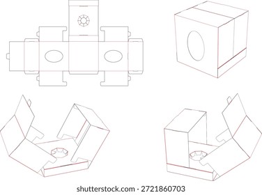 Caixa dobrável com abertura de asa dupla e estrutura de bloqueio central. Limpar dieline de vetor EPS com vistas 3D, fácil montagem, adequado para cosmética, presente, embalagem de produto eletrônica e premium.