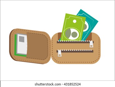Foldable Brown Wallet with money. Editable Clip Art.