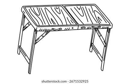 Foldable doodle table, hand-drawn. Open collapsible table for placing food. Graphics, engraving, shading. Drawing in black ink, marker, liner designing postcards, packaging. Picnic, tourism, camping