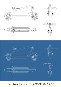 Foldable electric scooter vector . modern eco friendly vehicles line art draw blueprint from side isolated in transparent background 