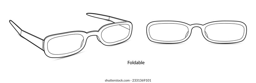 Foldable frame glasses fashion accessory illustration. Sunglass front and 3-4 view for Men, women, unisex silhouette style, flat rim spectacles eyeglasses with lens sketch outline isolated on white