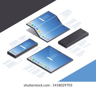 Foldable gadgets concepts isometric mockup composition with text captions and realistic images of futuristic smartphone models vector illustration