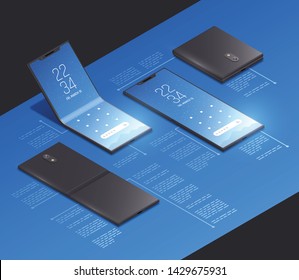 Foldable gadgets concepts isometric mockup composition with realistic images of new smartphone models with text captions vector illustration