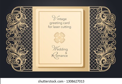Foldable greeting card gate for laser cutting. Delicate pattern for a wedding, a romantic party. Carved design for menus, covers, folders for presentations.