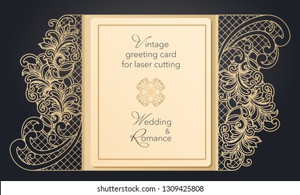 Foldable greeting card gate for laser cutting. Delicate pattern for a wedding, a romantic party. Carved design for menus, covers, folders for presentations.