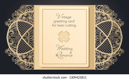 Foldable greeting card gate for laser cutting. Delicate pattern for a wedding, a romantic party. Carved design for menus, covers, folders for presentations.