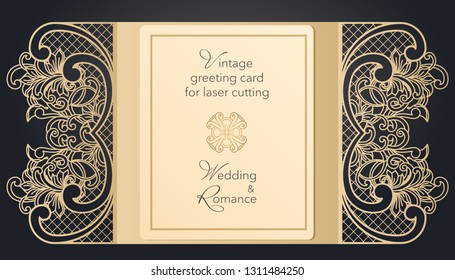 Foldable greeting card gate for laser cutting. Delicate pattern for a wedding, a romantic party. Carved design for menus, covers, folders for presentations.