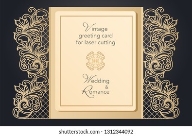 Foldable greeting card gate for laser cutting. Delicate pattern for a wedding, a romantic party. Carved design for menus, covers, folders for presentations.