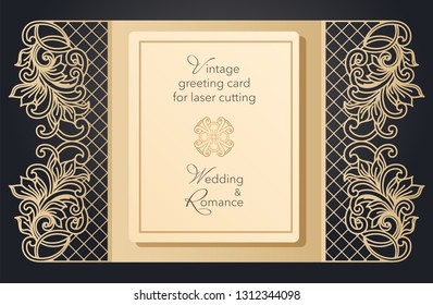 Foldable greeting card gate for laser cutting. Delicate pattern for a wedding, a romantic party. Carved design for menus, covers, folders for presentations.