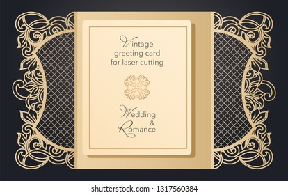 Foldable greeting card gate for laser cutting. Delicate pattern for a wedding, a romantic party. Carved design for menus, covers, folders for presentations.