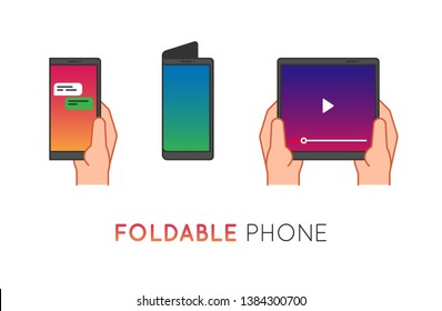 Foldable phone in hand. Smartphone with flexible screen in folded and unfolded positions. Line vector illustration, concept of futuristic tablet device with bended display. Modern technology.