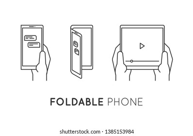 Foldable phone in hand. Smartphone with flexible screen in folded and unfolded positions. Line vector illustration, concept of futuristic tablet device with bended display. Modern technology.